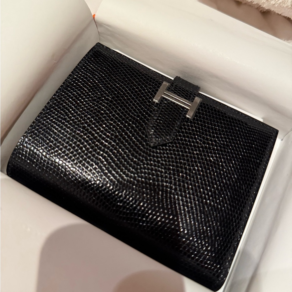 Hermes Black Lizard Compact Béarn Wallet